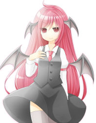 Rule 34 | &gt;:), 1girl, ahoge, armband, bad id, bad pixiv id, bat wings, buttons, dress shirt, ellipsis (mitei), hand on own chest, head wings, highres, koakuma, long hair, looking at viewer, necktie, raised eyebrow, red eyes, red hair, shirt, simple background, skirt, skirt set, solo, thighhighs, touhou, v-shaped eyebrows, very long hair, vest, white background, white shirt, white thighhighs, wind, wind lift, wings, zettai ryouiki