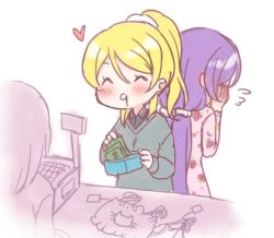 Rule 34 | 10s, 2girls, ^q^, ayase eli, banknote, blush, breasts, cash register, cat cutout, cat lingerie, clothing cutout, covering face, female pervert, flying sweatdrops, long hair, love live!, love live! school idol project, low twintails, lowres, meme attire, money, moorina, multiple girls, panties, pervert, purple hair, scrunchie, shopping, tail, tojo nozomi, twintails, underwear, wallet, yuri