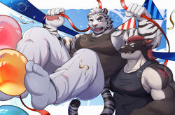 Rule 34 | 2boys, absurdres, animal ears, anyisdragon, arknights, balloon, bara, birthday, black tank top, blush, carrying, carrying person, confetti, dragon boy, dragon ears, facial hair, full body, furry, furry male, furry with furry, goatee, highres, large pectorals, looking at another, male focus, mountain (arknights), multiple boys, muscular, muscular male, one eye closed, original, pectorals, red hair, scar, scar across eye, short hair, sidepec, smile, socks, soles, tank top, thick eyebrows, tiger boy, tiger ears, tiger stripes, tusks, white fur, white hair, yaoi