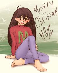 Rule 34 | 1girl, absurdres, barefoot, black eyes, black hair, blush, cabronpr, crossed legs, english text, feet, foot focus, highres, long hair, looking at viewer, mari (omori), omori, open mouth, pants, purple pants, red sweater, solo, sweater, toes