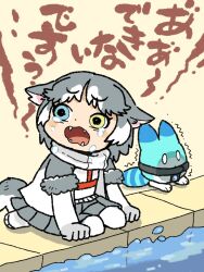 Rule 34 | 1girl, animal ear fluff, animal ears, blue eyes, blush, crying, crying with eyes open, dog (mixed breed) (kemono friends), dog ears, dog girl, dog tail, gloves, grey hair, heterochromia, jacket, kemono friends, kemono friends 2, kuro shiro (kuro96siro46), lucky beast (kemono friends), multicolored hair, open mouth, poolside, scared, short hair, short sleeves, skirt, tail, tears, translated, two-tone hair, white hair, yellow eyes
