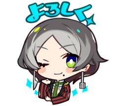 Rule 34 | 1girl, bright pupils, chibi, closed mouth, collared shirt, cropped torso, denonbu, earrings, green eyes, green necktie, grey hair, haijima ginka, hand up, jacket, jewelry, kurumitsu, long sleeves, looking at viewer, lowres, mole, mole under mouth, necktie, official art, one eye closed, red jacket, shirt, short hair, smile, solo, sparkle, striped clothes, striped jacket, swept bangs, translation request, transparent background, upper body, vertical-striped clothes, vertical-striped jacket, white pupils, white shirt