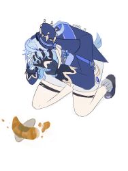 Rule 34 | 1girl, absurdres, black footwear, black gloves, blue hair, blue hat, blue jacket, commentary, croissant, food, furina (genshin impact), genshin impact, gloves, hands in hair, hat, highres, jacket, kneeling, long sleeves, quaso (meme), shoes, shorts, solo, thigh strap, waffl33lif, white shorts