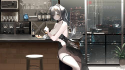 Rule 34 | 1girl, animal ears, arknights, bar censor, black choker, black dress, bottle, breasts, building, cat ears, censored, censored nipples, choker, cleavage, clothes lift, da (datako), dress, dress lift, highres, indoors, kettle, large breasts, lifting own clothes, long hair, looking at viewer, nipples, one breast out, patreon logo, ponytail, pussy, schwarz (arknights), sitting, skyscraper, solo, spaghetti strap, stool, thigh strap, thighhighs, watermark, web address, white thighhighs, yellow eyes