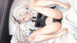 Rule 34 | 1girl, bad id, bad twitter id, bare legs, barefoot, bed sheet, black panties, blonde hair, blue eyes, blush, breasts, breath, commentary request, detached collar, groin, hair ribbon, hair tie, half-closed eyes, hand on own thigh, heavy breathing, looking at viewer, lying, maid, maid headdress, navel, on back, on bed, open mouth, original, panties, pillow, pillow grab, rasaras leonids, ribbon, small breasts, solo, spread legs, steam, tearing up, teeth, twintails, underwear, wrist cuffs
