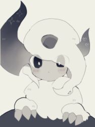 Rule 34 | absol, animal focus, black eyes, blush stickers, bright pupils, claws, commentary, creatures (company), expressionless, game freak, gen 3 pokemon, grey background, hair over one eye, heart, nintendo, no humans, ovoip, pokemon, pokemon (creature), simple background, solo, sparkle, upper body, white fur