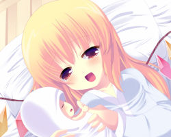 Rule 34 | 1girl, bad id, bad pixiv id, bed, blonde hair, breasts, child, female focus, flandre scarlet, long hair, lying, pillow, shiraki ai, smile, solo, tears, touhou, upper body, wings