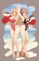 Rule 34 | 2girls, absurdres, alternate breast size, armpits, arms up, azur lane, backless swimsuit, bare legs, beach, beach umbrella, black one-piece swimsuit, blonde hair, blue sky, breasts, bridal garter, brown footwear, brown hair, brown one-piece swimsuit, casual one-piece swimsuit, cleavage, closed mouth, clothing cutout, covered navel, cross-laced clothes, cross-laced one-piece swimsuit, day, full body, halterneck, high heels, high ponytail, highres, jean bart (azur lane), large breasts, long hair, looking at viewer, multiple girls, one-piece swimsuit, outdoors, pink eyes, pink one-piece swimsuit, richelieu (azur lane), richelieu (fleuron of the waves) (azur lane), sky, standing, swimsuit, thigh strap, thighs, umbrella, underboob, underboob cutout, very long hair, white footwear, yuuraku yuraku