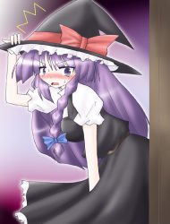 Rule 34 | 1girl, bad id, bad pixiv id, bow, breasts, cosplay, female focus, gradient background, hat, kirisame marisa, kirisame marisa (cosplay), long hair, patchouli knowledge, purple eyes, purple hair, ryutotoranoikkiuchi, skirt, solo, touhou, witch, witch hat