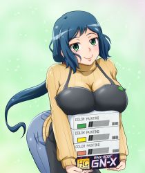 Rule 34 | 10s, 1girl, akanerun, apron, bad id, bad pixiv id, blue hair, breast rest, breasts, carried breast rest, carrying, denim, green eyes, gundam, gundam build fighters, haro button badge, iori rinko, jeans, large breasts, leaning forward, long hair, mature female, pants, ponytail, ribbed sweater, smile, solo, sweater, very long hair