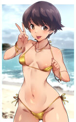 1girl bangle barbell_piercing beach bikini bikini_pull blush bracelet breasts brown_eyes brown_hair clothes_pull cloud collarbone commentary em_(totsuzen_no_hakike) girls_und_panzer gold_bikini horizon jewelry looking_at_viewer micro_bikini nakajima_(girls_und_panzer) navel navel_piercing necklace nipple_bar nipple_piercing ocean outdoors piercing short_hair side-tie_bikini_bottom sky small_breasts smile solo standing stomach swimsuit toned toned_female tongue tongue_out tongue_piercing v