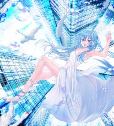 Rule 34 | 1girl, absurdres, armpits, bare legs, bare shoulders, barefoot, bird, blue eyes, blue footwear, blue hair, blue nails, blush, breasts, bubble, dress, goose, high heels, highres, large breasts, long hair, looking at viewer, nail polish, original, parted bangs, shiiyou, solo, white dress