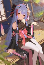 Rule 34 | 1girl, absurdres, azusa (vtuber), blue hair, bow, braid, bsmycc, closed mouth, detached sleeves, dress, feet out of frame, flower, hair flower, hair ornament, hair stick, hand up, highres, holding, holding smoking pipe, long hair, looking at viewer, mask, mask on head, nijisanji, orange eyes, pantyhose, smoking pipe, side braid, sitting, smile, solo, virtual youtuber, virtuareal