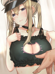 Rule 34 | 10s, 1girl, baffu, bare shoulders, bell, black bra, blonde hair, blue eyes, blush, bra, breasts, cat cutout, cat lingerie, choker, cleavage, cleavage cutout, clothing cutout, commentary request, graf zeppelin (kancolle), hair between eyes, hat, highres, jingle bell, kantai collection, large breasts, long hair, meme attire, peaked cap, pointing, sidelocks, solo focus, sweat, twintails, underwear, underwear only