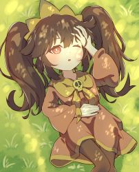 Rule 34 | 1girl, ashley (warioware), black hair, black pantyhose, blush, dress, feet out of frame, female focus, from above, grass, hairband, hand in own hair, hand on own stomach, highres, long hair, long sleeves, looking at viewer, lying, matchamassa, nintendo, on back, one eye closed, orange hairband, orange neckwear, outdoors, pantyhose, red dress, red eyes, sidelocks, skull, solo, twintails, warioware