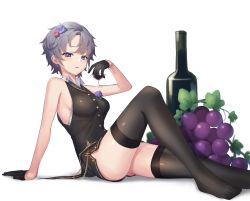 Rule 34 | 1girl, arm support, black shorts, black thighhighs, black vest, bottle, breasts, cocktail glass, cup, drinking glass, earrings, flower, food, from side, fruit, gloves, grapes, grey hair, hair flower, hair ornament, half gloves, highres, holding, jewelry, looking at viewer, looking to the side, lordol, medium breasts, micro shorts, mini person, minigirl, no shoes, original, parted lips, pink flower, purple flower, shirt, short hair, shorts, sideboob, simple background, sleeveless, sleeveless shirt, smile, solo, thighhighs, vest, white background, white shirt, wine bottle