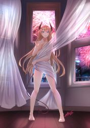Rule 34 | 1girl, arazand, artist name, blonde hair, breasts, commentary request, curtain grab, curtains, demon horns, demon tail, fireworks, full body, highres, horns, indoors, large breasts, looking at viewer, nude, original, solo, standing, tail