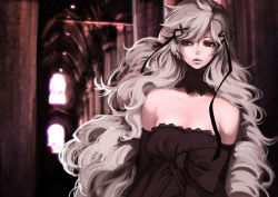Rule 34 | 1girl, architecture, bare shoulders, big hair, black dress, camille myriad zentreza, choker, dress, elbow gloves, gloves, goth fashion, gothic architecture, hair ribbon, image sample, ippus, lace, lace-trimmed dress, lace trim, lips, long hair, messy hair, original, red eyes, ribbon, solo, strapless, strapless dress, white hair