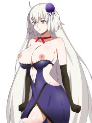 Rule 34 | 1girl, bare shoulders, black gloves, breasts, breasts out, cleavage, dress, elbow gloves, fate/grand order, fate (series), flower, gloves, hair flower, hair ornament, highres, jeanne d&#039;arc (fate), jeanne d&#039;arc alter (avenger) (fate), jeanne d&#039;arc alter (fate), kagemusha, large breasts, long hair, navel, nipples, official alternate costume, simple background, solo, thighhighs, white background, white hair, yellow eyes