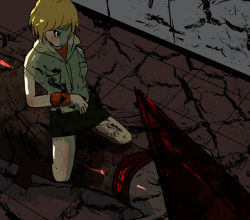 Rule 34 | 1girl, blonde hair, blood, boots, cowgirl position, crossover, fundoshi9232, heather mason, lowres, miniskirt, pyramid head, short hair, silent hill, silent hill (series), silent hill 3, skirt, sleeveless, solo, straddling, vest, weapon, wristband