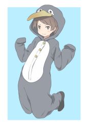 Rule 34 | 1girl, animal costume, aqua background, blush, brown eyes, brown hair, cosplay, failure penguin, failure penguin (cosplay), full body, highres, kantai collection, long sleeves, looking at viewer, penguin costume, shikinami (kancolle), sleeves past wrists, solo, two-tone background, wachi (hati1186), white background