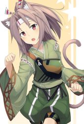 Rule 34 | 10s, 1girl, animal ears, brown eyes, brown hair, cat ears, cat tail, fang, gradient background, hakama, hakama pants, hakama shorts, headband, japanese clothes, kantai collection, kemonomimi mode, muneate, mzrz, open mouth, pants, paw pose, ponytail, remodel (kantai collection), shorts, solo, striped, striped background, tail, zuihou (kancolle)