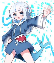 Rule 34 | 1girl, absurdres, blue eyes, blue hair, blue hoodie, blush, character name, commentary request, drawstring, fins, fish tail, gawr gura, gawr gura (1st costume), hair ornament, hand on own hip, highres, hololive, hololive english, hood, hood down, hoodie, looking at viewer, multicolored hair, open mouth, outstretched arm, romaji commentary, shark tail, sharp teeth, silver hair, solo, standing, streaked hair, tail, teeth, text background, tosyeo, v-shaped eyebrows, virtual youtuber, white background, wide sleeves