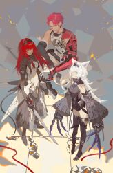 Rule 34 | 1boy, 2girls, absurdres, animal ears, black bodysuit, black gloves, black hairband, black sleeves, black thighhighs, bodysuit, claw (weapon), cross-shaped pupils, detached sleeves, dog tags, dual wielding, earrings, elbow gloves, fake animal ears, fingerless gloves, gloves, hairband, highres, holding, holding sword, holding weapon, jewelry, long hair, mechanical arms, multiple girls, no.21: feral scent (punishing: gray raven), no.21 (punishing: gray raven), noctis (punishing: gray raven), orange eyes, pants, punishing: gray raven, red eyes, red hair, scar, scar on face, shirt, short hair, single mechanical arm, sleeveless, sleeveless shirt, sleeves past wrists, sword, symbol-shaped pupils, thighhighs, vera: rozen (punishing: gray raven), vera (punishing: gray raven), weapon, white bodysuit, white hair, white pants, white shirt, wolf ears, xe367