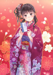 Rule 34 | 1girl, asymmetrical hair, blunt bangs, blush, brown eyes, brown hair, closed mouth, cowboy shot, curly hair, floral background, floral print, flower, gradient background, hair flower, hair ornament, head tilt, highres, holding, holding letter, japanese clothes, kimono, kishida mel, letter, long hair, long sleeves, looking at viewer, outline, petals, pink kimono, red background, sash, scan, side ponytail, smile, solo, standing, striped, tareme, translated, wide sleeves