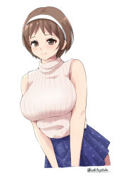 Rule 34 | 1girl, alternate costume, beige sweater, blue skirt, breasts, brown eyes, brown hair, casual, commentary request, hairband, highres, kamikitayotsuba, kantai collection, large breasts, natori (kancolle), one-hour drawing challenge, pleated skirt, ribbed sweater, short hair, simple background, skirt, sleeveless, sleeveless sweater, solo, sweater, twitter username, white background, white hairband