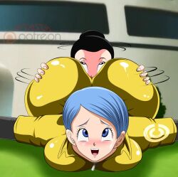 ass black_eyes black_hair blue_eyes blue_eyes_(manga) blue_hair bulma chi-chi_(dragon_ball) dragon_ball dragon_ball_(classic) dragon_ball_super face_in_ass highres huge_ass yuri