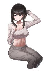 Rule 34 | 1girl, arm behind head, arm up, bad id, bad twitter id, black hair, blue eyes, bra strap, breasts, cleavage, collarbone, crop top, cropped legs, grey pants, hand up, highres, invisible chair, long sleeves, looking at viewer, medium breasts, midriff, navel, original, pants, shirt, short hair with long locks, simple background, sitting, smile, solo, stomach, track pants, white background, white shirt, yareen