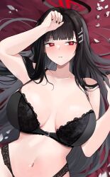 Rule 34 | 1girl, animated, animated gif, black bra, black hair, black nails, black panties, blue archive, blush, bra, breasts, bright pupils, collarbone, completely nude, groin, hair ornament, hairclip, halo, highres, large breasts, long hair, looking at viewer, lying, mindoll, nail polish, navel, nipples, nude, on back, panties, red eyes, rio (blue archive), solo, stomach, underwear, white pupils