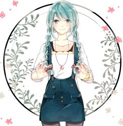 Rule 34 | 1girl, aqua eyes, aqua hair, bad id, bad pixiv id, braid, hair ornament, hair over shoulder, hairclip, hatsune miku, jewelry, long hair, necklace, pantyhose, prin dog, smile, solo, suspenders, twin braids, twintails, vocaloid
