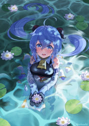 Rule 34 | 1girl, ahoge, bare shoulders, bell, black gloves, blue hair, blush, breasts, detached sleeves, flower, from above, ganyu (genshin impact), genshin impact, gloves, gold trim, highres, horns, lily pad, long hair, looking at viewer, looking up, lotus, medium breasts, neck bell, parted lips, partially submerged, purple eyes, revision, see-through, shirakawafel, sidelocks, solo, standing, wet, wet clothes, wet hair, white sleeves