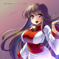 Rule 34 | breasts, brown hair, character request, eyes visible through hair, floating hair, gradient background, highres, japanese clothes, kimono, large breasts, long hair, neck bell, open mouth, purple eyes, signature, sleeves past wrists, smile, upper body, white kimono, wide sleeves, zerion