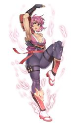Rule 34 | 1girl, absurdres, alternate skin color, arm up, armor, armpits, aura, ayane (doa), belt, black choker, black gloves, breasts, choker, cleavage, commentary, commission, dead or alive, english commentary, fingerless gloves, full body, gloves, greaves, hanny (uirusu chan), highres, japanese armor, japanese clothes, kimono, kunai, large breasts, leg up, martial arts belt, ninja, ninja gaiden, pants, pauldrons, purple eyes, purple hair, purple kimono, purple pants, red belt, red footwear, sandals, short hair, shoulder armor, single pauldron, sleeveless, sleeveless kimono, socks, sode, solo, tabi, tan, tecmo, thick thighs, thigh strap, thighs, tight clothes, tight pants, vambraces, weapon, white socks, zouri