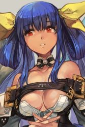 Rule 34 | 1girl, arc system works, bare shoulders, blue hair, bow, breasts, detached collar, detached sleeves, dizzy (guilty gear), fingernails, grey background, guilty gear, guilty gear xrd, hair bow, hair ribbon, hungry clicker, interlocked fingers, large breasts, long hair, red eyes, ribbon, simple background, smile, solo, twintails, upper body, yellow ribbon
