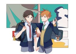 Rule 34 | 2boys, alternate costume, backpack, bag, belt, blue oak, brown hair, buttons, closed mouth, collared shirt, commentary request, creatures (company), eevee, game freak, gen 1 pokemon, green necktie, grey pants, highres, jacket, long sleeves, looking at viewer, male focus, multiple boys, necktie, nintendo, norisukep, open clothes, open jacket, orange eyes, pants, pikachu, pokemon, pokemon rgby, red (pokemon), red necktie, school uniform, shirt, short hair, smile, spiked hair, sweater vest, white shirt