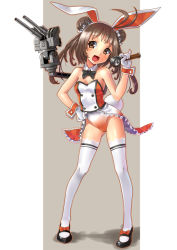 Rule 34 | 10s, 1girl, :d, adapted costume, alternate costume, animal ears, antenna hair, bare shoulders, blush, bow, bowtie, breasts, brown eyes, brown hair, cleavage, detached collar, double bun, fake animal ears, full body, gloves, hair bun, high heels, kantai collection, katahira masashi, leotard, long hair, looking at viewer, microphone, naka (kancolle), open mouth, playboy bunny, rabbit ears, rabbit tail, simple background, small breasts, smile, solo, tail, thighhighs, turret, white gloves, white thighhighs, wrist cuffs