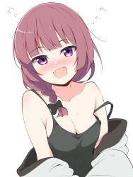 Rule 34 | 1girl, arms at sides, bare shoulders, blunt bangs, blush, bocchi the rock!, borgbutler, braid, breasts, cleavage, collarbone, dress, fang, green dress, hair over shoulder, highres, hiroi kikuri, medium breasts, medium hair, open mouth, purple eyes, purple hair, simple background, single braid, sleeveless, sleeveless dress, solo, squeans, strap slip, upper body, white background