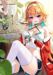 Rule 34 | 2girls, bare shoulders, breasts, camisole, cleavage, coat, coffee mug, criss-cross halter, cup, earrings, feather earrings, feathers, green hair, hair between eyes, halterneck, headband, highres, holding, holding cup, hololive, hololive english, inari (ambercrown), jewelry, large breasts, long hair, looking at viewer, midriff, mug, multiple girls, navel, open clothes, open coat, open mouth, orange hair, purple eyes, short shorts, shorts, sitting, smile, solo focus, strap slip, takanashi kiara, thighhighs, virtual youtuber, white camisole, white thighhighs