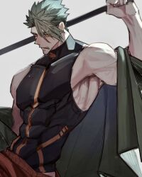 Rule 34 | 1boy, achilles (fate), achilles (fearless diver) (fate), armpits, black shirt, fate/grand order, fate (series), green eyes, green jacket, grey background, haruakira, highres, holding, holding polearm, holding weapon, jacket, large pectorals, looking down, loose pants, male focus, muscular, muscular male, orange pants, pants, pectorals, polearm, shirt, short hair, sidepec, simple background, solo, turtleneck, weapon, yellow eyes
