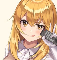 Rule 34 | + +, 1girl, :q, blonde hair, blush, brown sweater vest, closed mouth, controller, dress shirt, elbow gloves, eyelashes, gloves, hair between eyes, hand up, highres, holding, holding remote control, light blush, light smile, long hair, looking at viewer, portrait, raised eyebrow, remote control, s2i sy7, school uniform, shirt, shokuhou misaki, solo, sweater vest, symbol-shaped pupils, toaru kagaku no railgun, toaru majutsu no index, tongue, tongue out, v, v-neck, white background, white gloves, white shirt, yellow eyes