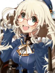 Rule 34 | 10s, 1girl, atago (kancolle), bespectacled, black gloves, blonde hair, blush, breasts, glasses, gloves, green eyes, hat, kantai collection, large breasts, long hair, looking at viewer, military, military uniform, mistrail, open mouth, personification, smile, solo, uniform