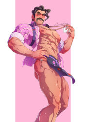 Rule 34 | 1boy, abs, artist name, bara, beard, black hair, blush, card, collared shirt, creatures (company), evinist, facial hair, feet out of frame, game freak, hand on own hip, highres, large pectorals, loincloth, male focus, mature male, muscular, muscular male, nintendo, nipples, pectorals, pokemon, pokemon sv, saguaro (pokemon), shirt, simple background, solo, surprised, thick eyebrows, thick thighs, thighs
