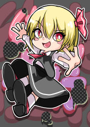 Rule 34 | 1girl, absurdres, ascot, black skirt, black vest, blonde hair, blush stickers, chibi, collared shirt, full body, hair between eyes, highres, long sleeves, looking at viewer, mahoro (minase mahoro), open mouth, pointy nose, red ascot, red eyes, red footwear, rumia, shirt, shoe soles, shoes, short hair, skirt, skirt set, socks, solo, t-pose, touhou, vest, white shirt, white socks