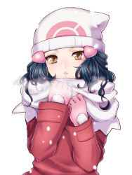 Rule 34 | 1girl, beanie, blue hair, breath, brown eyes, coat, creatures (company), dawn (pokemon), game freak, gloves, hair ornament, hairclip, hat, lips, long hair, looking at viewer, mokorei, nintendo, parted lips, pink gloves, pokemon, pokemon adventures, pokemon dppt, pokemon platinum, red coat, scarf, simple background, snow, solo, upper body, white background, winter clothes