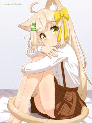 Rule 34 | 1girl, ?, absurdres, ahoge, animal ear fluff, animal ears, artist name, bed sheet, blonde hair, blush, bow, brown skirt, buttons, cat ears, cat girl, cat tail, closed mouth, female focus, fish hair ornament, from side, full body, gradient background, green eyes, grey background, hair bow, hair ornament, hairclip, hazakura hinata, heterochromia, highres, hugging own legs, knees up, legs together, long hair, long sleeves, looking at viewer, miniskirt, original, outline, plaid, plaid skirt, pleated skirt, shirt, shirt tucked in, sidelocks, signature, simple background, sitting, skirt, solo, suspender skirt, suspenders, tail, thighs, white outline, white shirt, yellow bow, yellow eyes