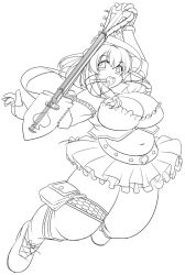 Rule 34 | 13988, 1girl, :d, bad id, bad pixiv id, belly, blush, boots, breasts, cleavage, female focus, full body, greyscale, guitar, instrument, jumping, large breasts, lineart, long hair, microskirt, monochrome, navel, ole tower, open mouth, plump, scoop (ole tower), shovel, skirt, smile, solo, spade, spanner (ole tower), tareme, thick thighs, thighs, worktool